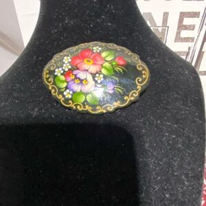 Signed Vintage Russian Brooch. Black Lacquer, Painted Flowers.